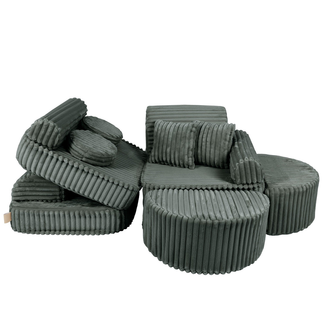 green modular children play sofa in the best position for child to learn new motoric skills