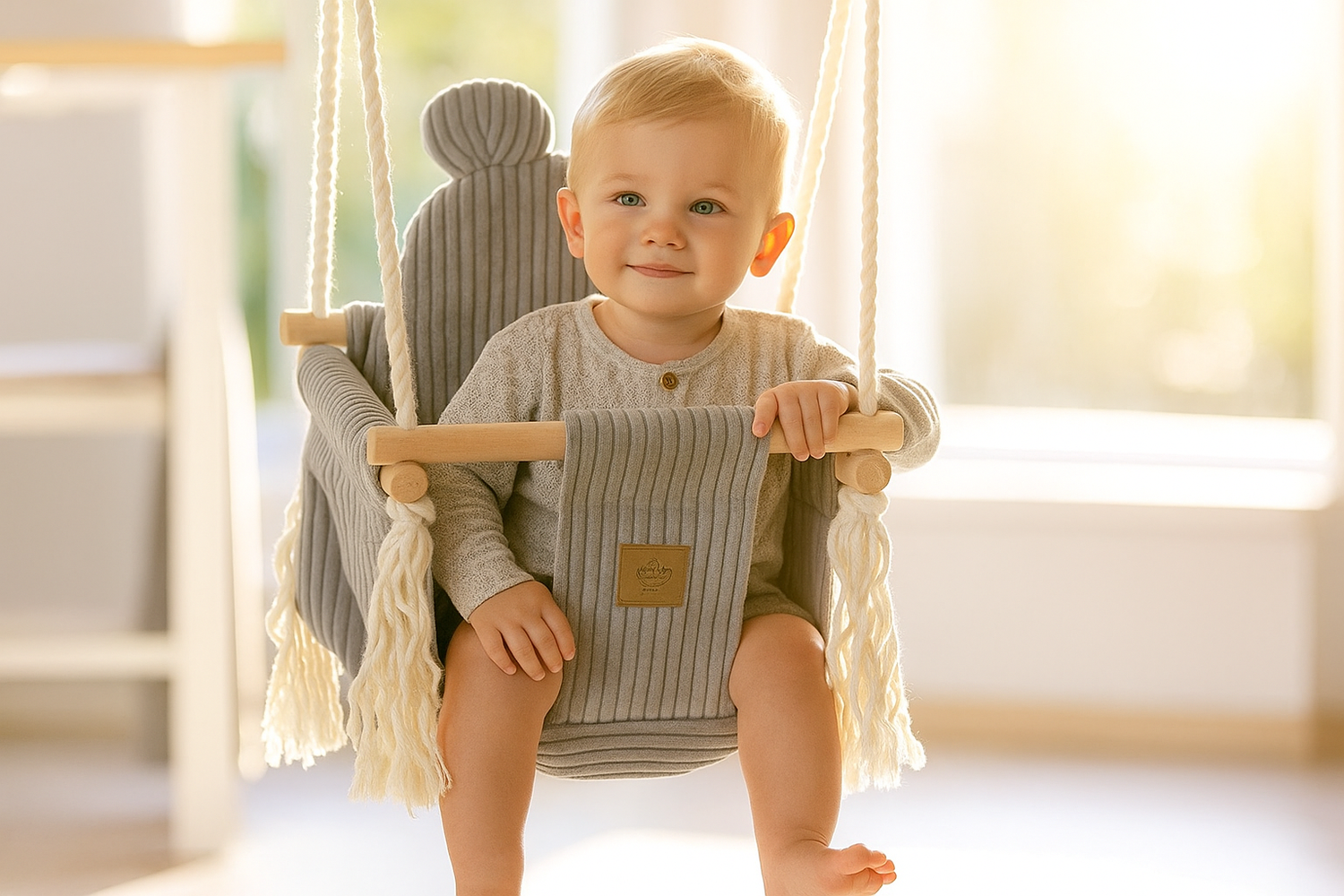 miling baby sitting in a soft, indoor cotton swing – Montessori style