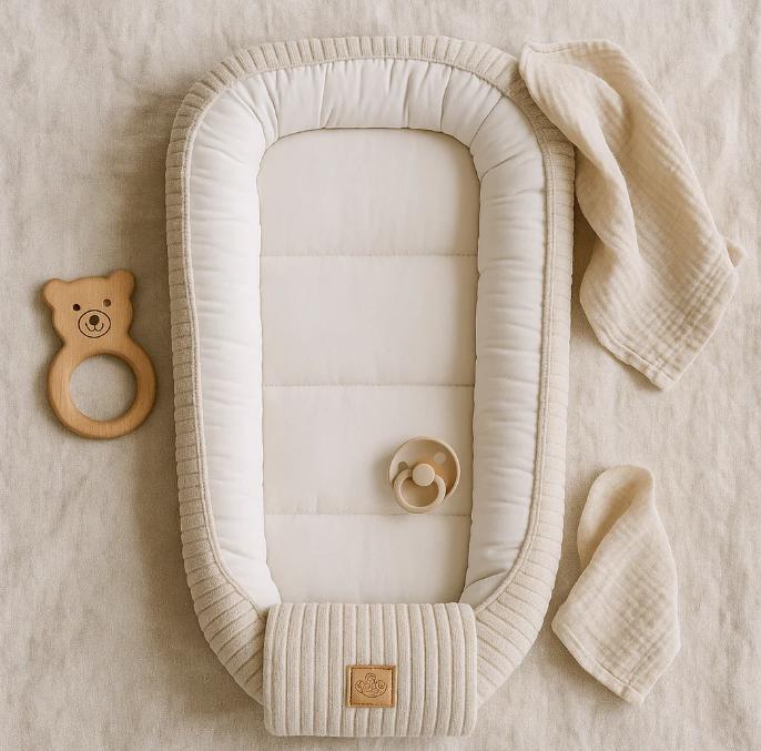 beige baby nest on white surface covered in baby toys
