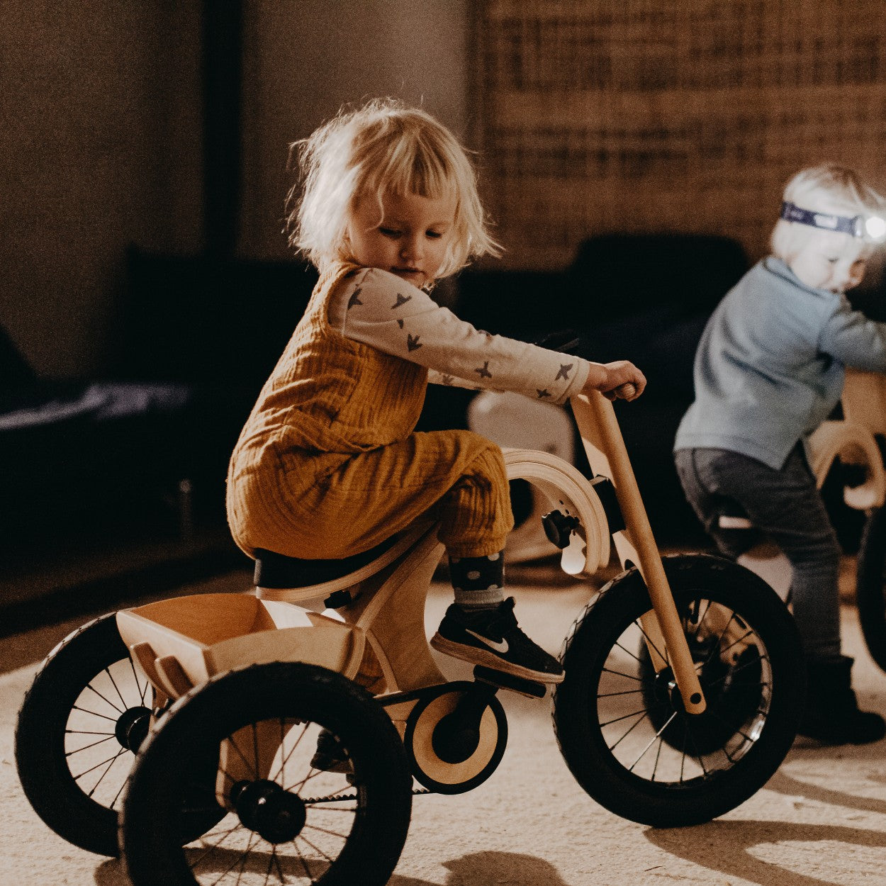 2yo girl on her trycicle wooden balance bike