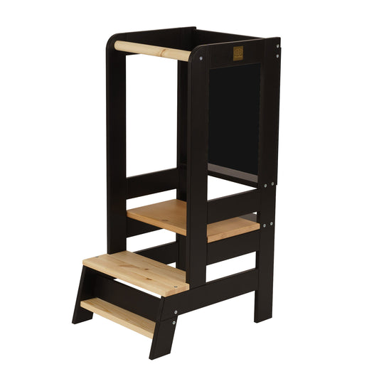 MeowBaby Wooden Kitchen Helper for Children with Board - Black with Natural Elements
