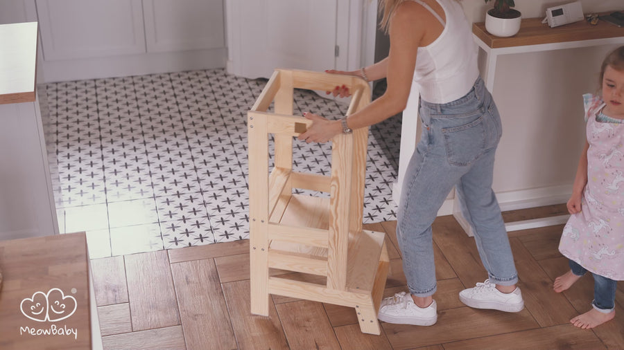MeowBaby Montessori kitchen tower, natural wood