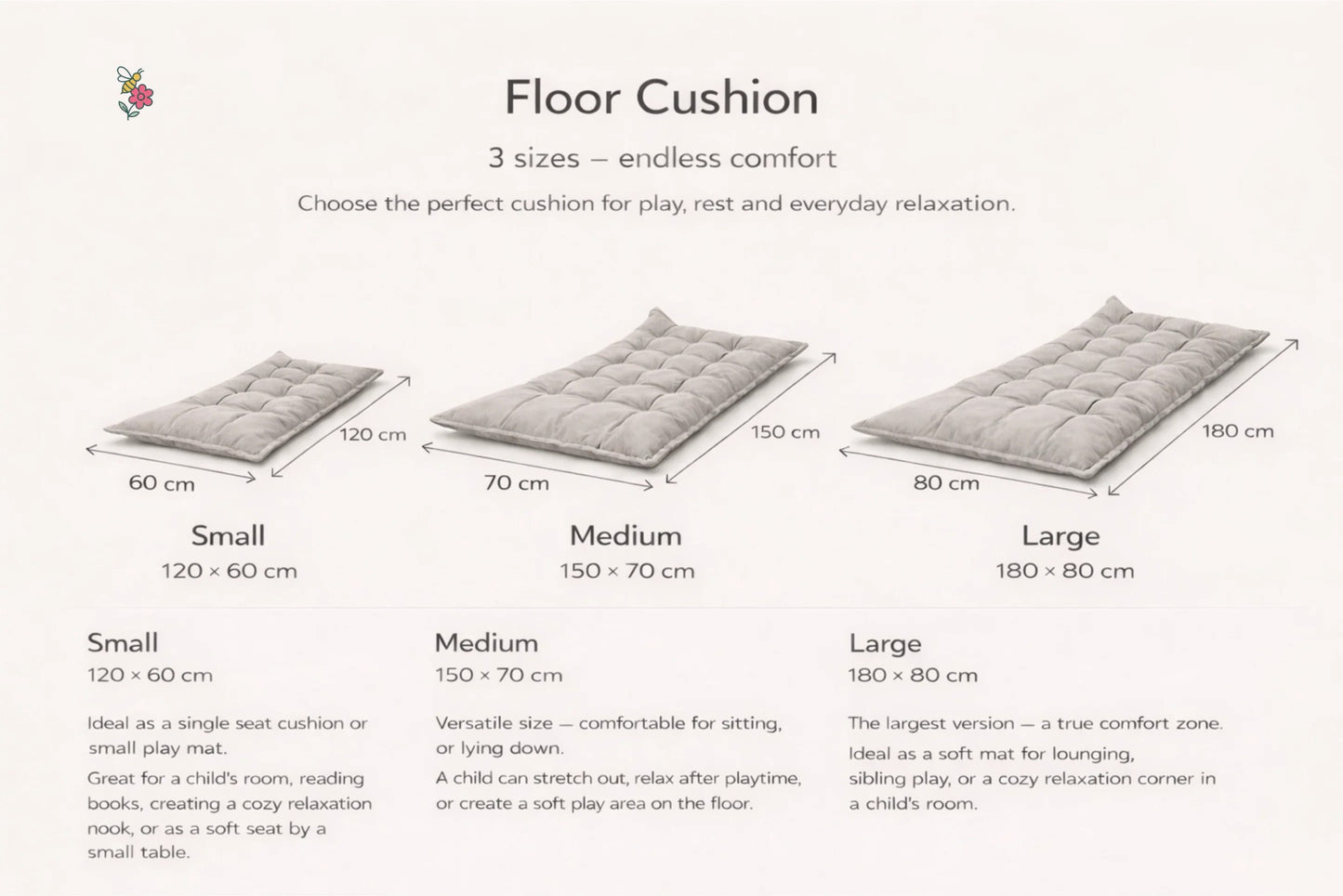 Quilted Kids' Floor Cushion, Grey, 3 Sizes Available